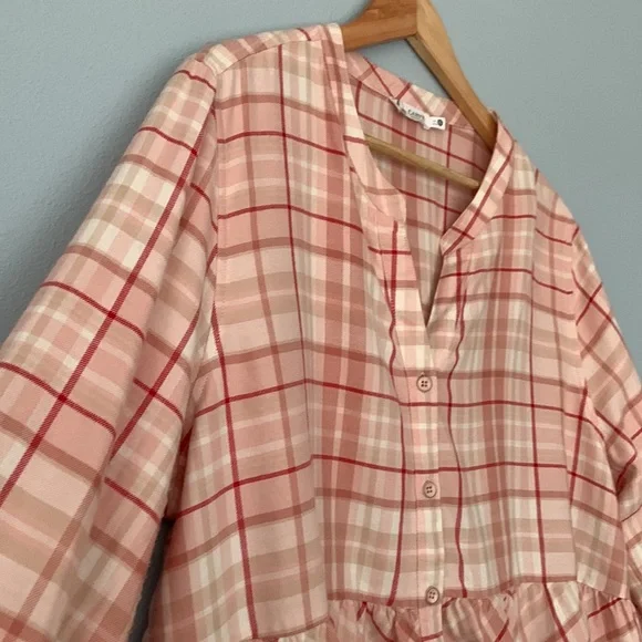 Carve Designs • Pink Red White Plaid Peplum Button Down Raw Edge Top Size XL - Picture 8 of 11